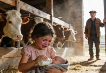 „Es tut mir leid, Sir … ich habe kein Geld für Milch“, flüsterte ein siebenjähriges Mädchen um fünf Uhr dreißig morgens — doch als ein Rancher aus Texas ihr durch den Regen folgte und entdeckte, wo sie sich mit einem ausgehungerten Baby versteckte, deckte er eine schockierende Geschichte über Verlassenwerden und einen Sorgerechtskampf auf, wie ihn niemand hätte erahnen können 😱