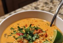 Rote Linsen Curry Suppe mit Kokosmilch und Limette